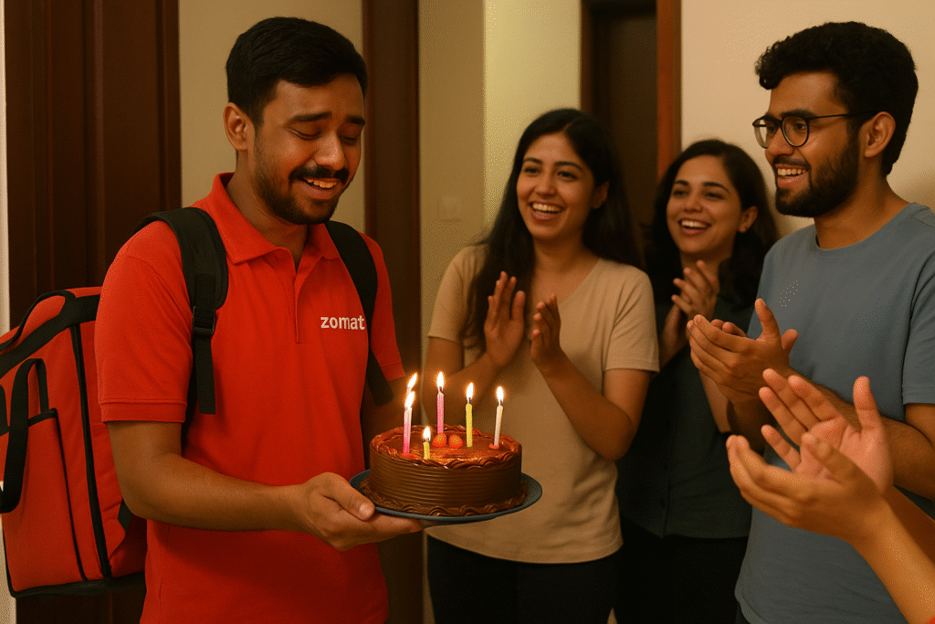 Zomato Delivery Agent Gets Surprise Birthday Bash from Customers — Heartwarming Video Goes Viral Zomato Delivery Agent